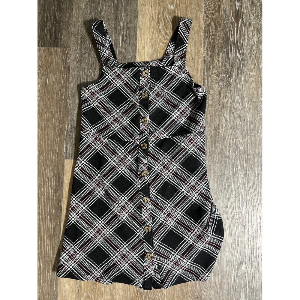 SO Plaid Romper Girls‎ Size M 8 Black White Pink Good Button Front Sleeveless